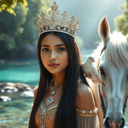 A full body portrait of a 13-year-old Brazilian princess, featuring long straight black hair, dark eyes, and fair skin