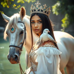 A full body portrait of a 13-year-old Brazilian princess, featuring long straight black hair, dark eyes, and fair skin