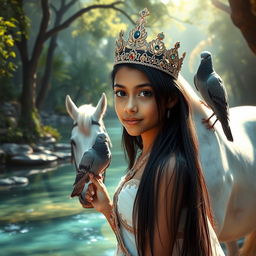 A full body portrait of a young Brazilian princess, appearing to be around 11 years old, with long straight black hair, dark eyes, and fair skin