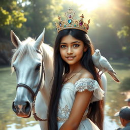 A full body portrait of a young Brazilian princess, appearing to be around 11 years old, with long straight black hair, dark eyes, and fair skin