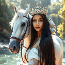 A full body portrait of an 11-year-old Brazilian princess, featuring long straight black hair, dark eyes, and fair skin