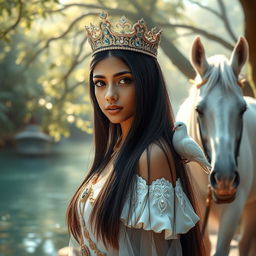 A full body portrait of an 11-year-old Brazilian princess, featuring long straight black hair, dark eyes, and fair skin