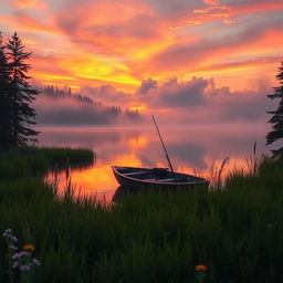 An enchanting landscape featuring a vibrant sunset over a serene lake with reflection of colorful clouds on the water