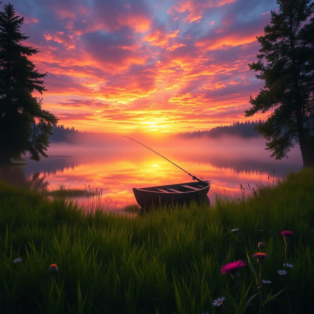 An enchanting landscape featuring a vibrant sunset over a serene lake with reflection of colorful clouds on the water