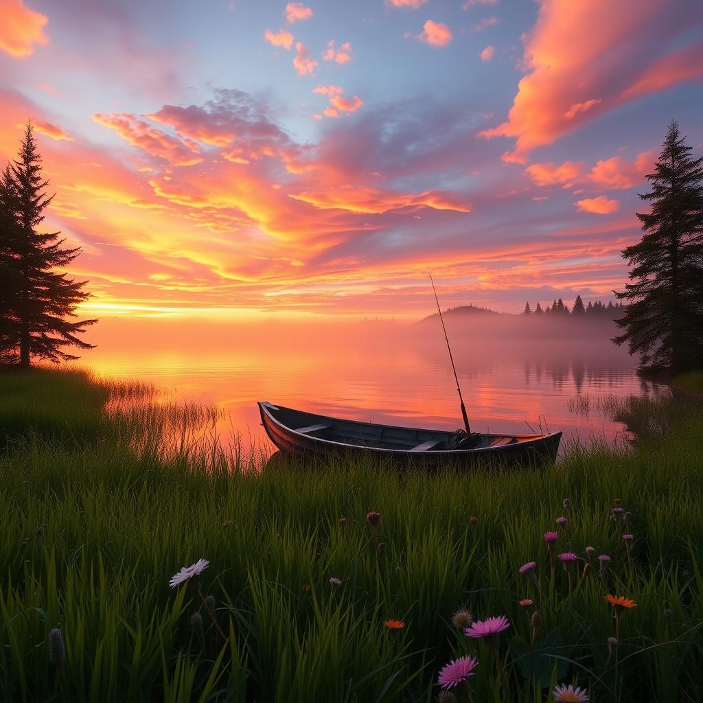 An enchanting landscape featuring a vibrant sunset over a serene lake with reflection of colorful clouds on the water