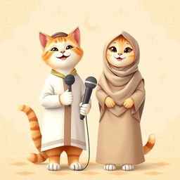 A cute cat standing upright with a wide smile, holding a microphone
