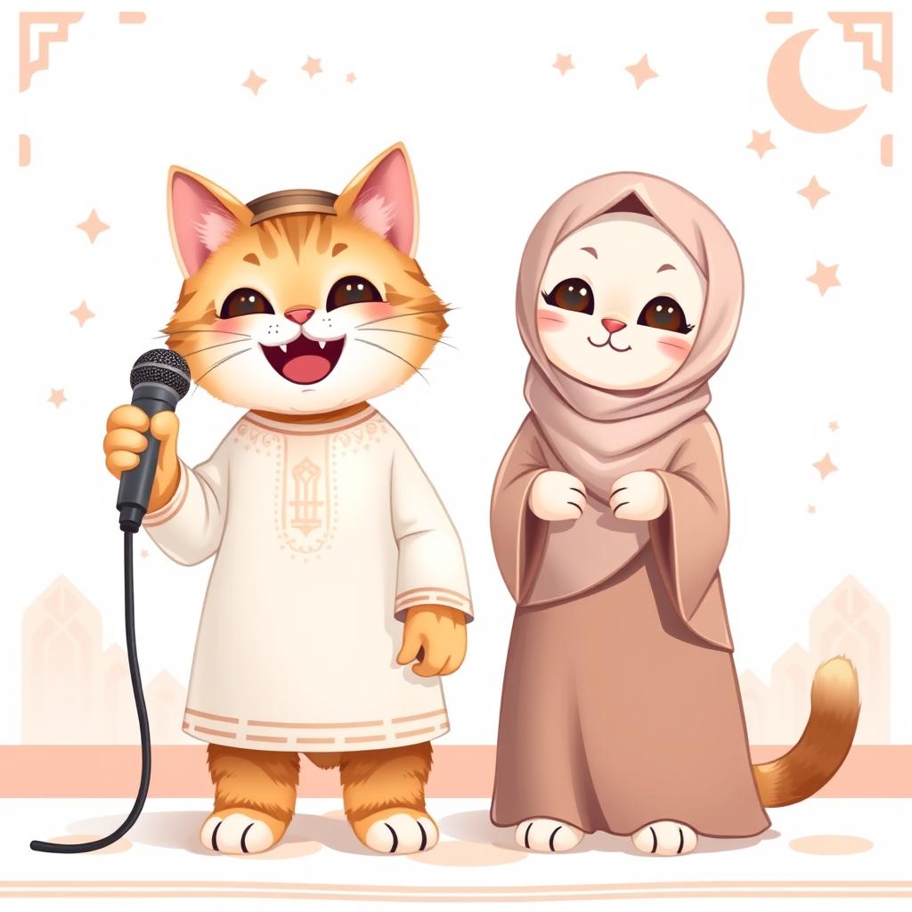 A cute cat standing upright with a wide smile, holding a microphone