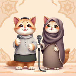 A cute cat standing upright with a wide smile, holding a microphone