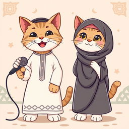 A cute cat standing upright with a wide smile, holding a microphone