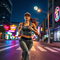 A dynamic scene of a woman wearing a stylish cap running energetically down a city street at night