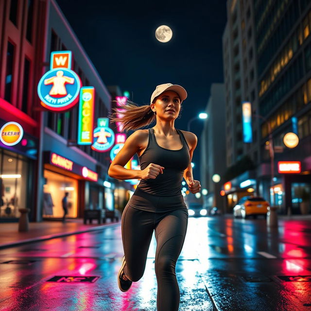 A dynamic scene of a woman wearing a stylish cap running energetically down a city street at night