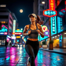 A dynamic scene of a woman wearing a stylish cap running energetically down a city street at night