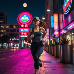A dynamic scene of a woman wearing a stylish cap running energetically down a city street at night