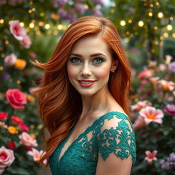 A close-up portrait of a beautiful, confident woman with flowing red hair and bright green eyes, wearing a stunning emerald green dress with intricate lace detailing