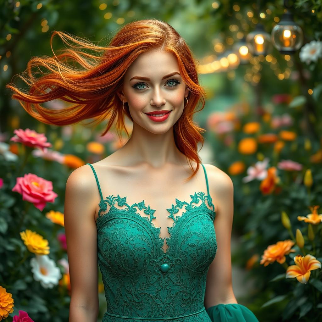 A close-up portrait of a beautiful, confident woman with flowing red hair and bright green eyes, wearing a stunning emerald green dress with intricate lace detailing