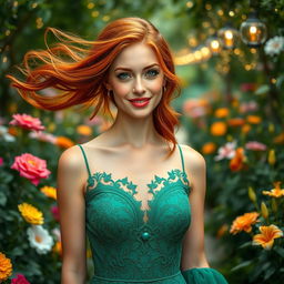 A close-up portrait of a beautiful, confident woman with flowing red hair and bright green eyes, wearing a stunning emerald green dress with intricate lace detailing