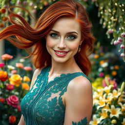 A close-up portrait of a beautiful, confident woman with flowing red hair and bright green eyes, wearing a stunning emerald green dress with intricate lace detailing