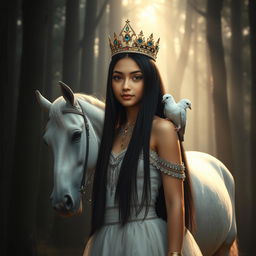 A full body portrait of an 11-year-old Brazilian princess, characterized by long straight black hair, dark eyes, and fair skin