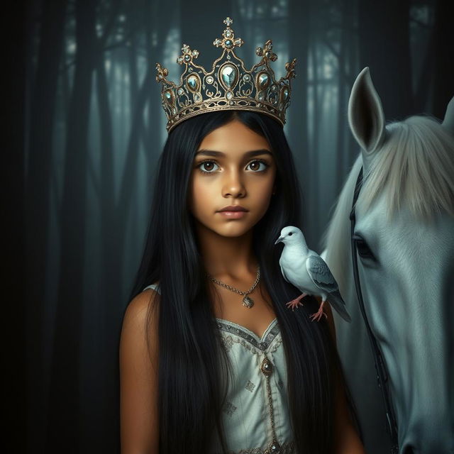 A full body portrait of an 11-year-old Brazilian princess, characterized by long straight black hair, dark eyes, and fair skin