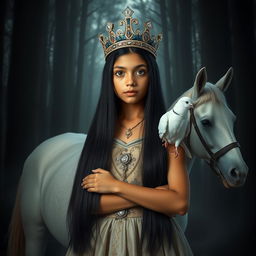 A full body portrait of an 11-year-old Brazilian princess, characterized by long straight black hair, dark eyes, and fair skin
