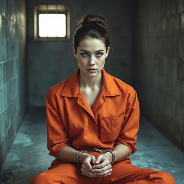 A young Russian brunette woman with her hair styled in a neat bun, dressed in an orange jumpsuit with the collar unbuttoned