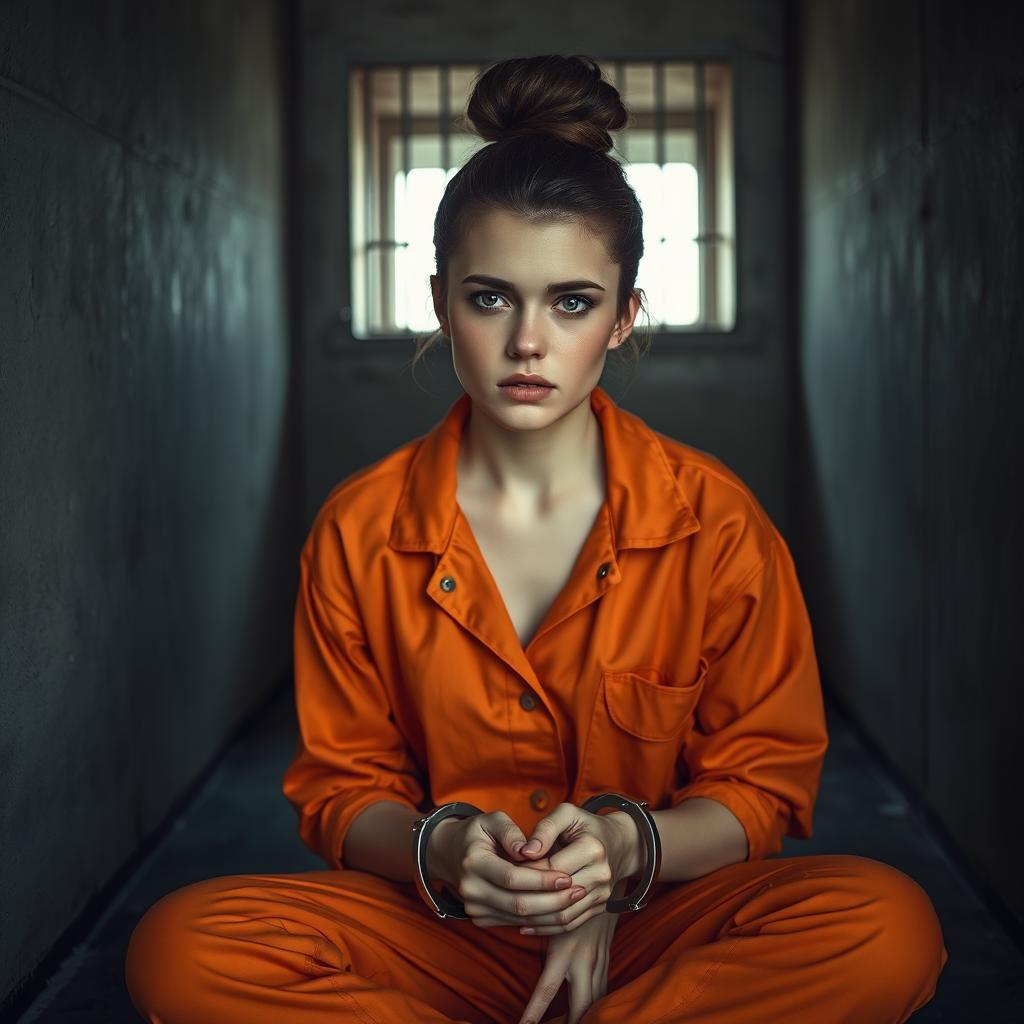 A young Russian brunette woman with her hair styled in a neat bun, dressed in an orange jumpsuit with the collar unbuttoned