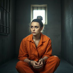 A young Russian brunette woman with her hair styled in a neat bun, dressed in an orange jumpsuit with the collar unbuttoned