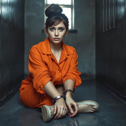 A young Russian brunette woman with her hair styled in a neat bun, dressed in an orange jumpsuit with the collar unbuttoned