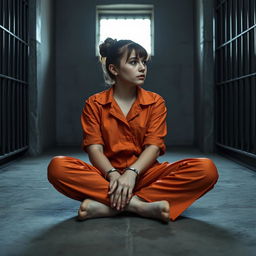 A young Russian brunette woman with her hair styled in a neat bun, wearing an orange jumpsuit with the collar unbuttoned, sits on the cold concrete floor of a jail cell