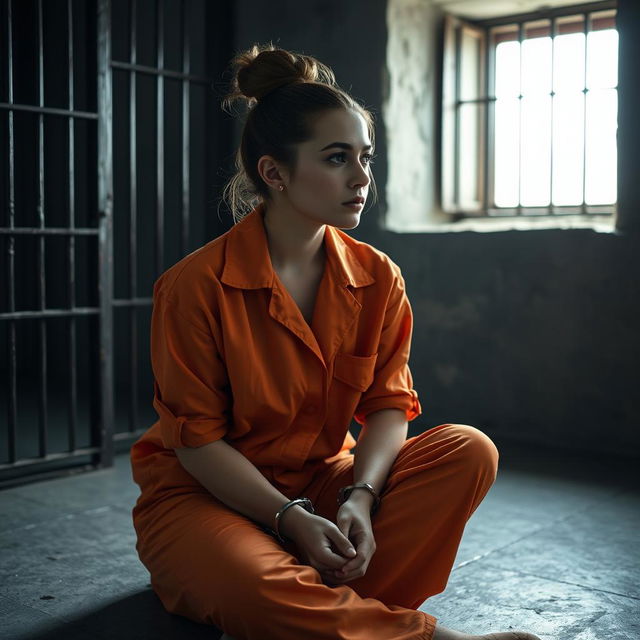 A young Russian brunette woman with her hair styled in a neat bun, wearing an orange jumpsuit with the collar unbuttoned, sits on the cold concrete floor of a jail cell