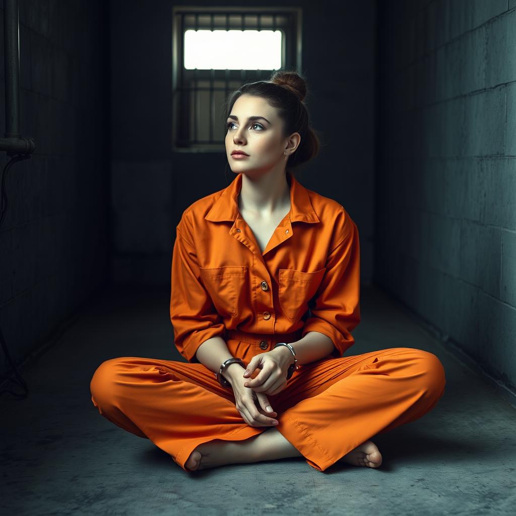 A young Russian brunette woman with her hair styled in a neat bun, wearing an orange jumpsuit with the collar unbuttoned, sits on the cold concrete floor of a jail cell