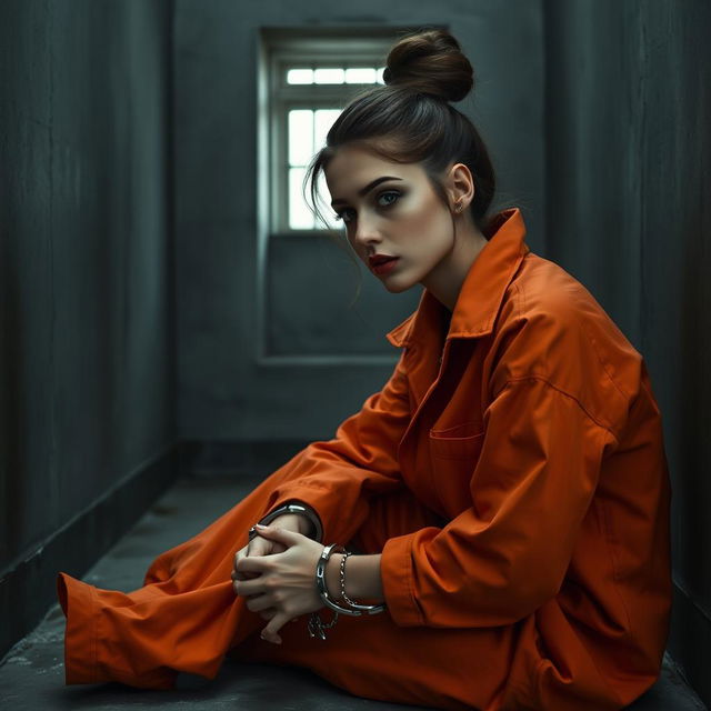 A young Russian brunette woman with her hair neatly styled in a bun, dressed in an orange jumpsuit with the collar unbuttoned, sits on the cold concrete floor of a jail cell