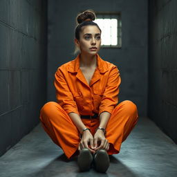 A young Russian brunette woman with her hair neatly styled in a bun, dressed in an orange jumpsuit with the collar unbuttoned, sits on the cold concrete floor of a jail cell