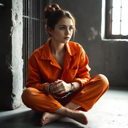 A young Russian brunette woman with her hair neatly styled in a bun, dressed in an orange jumpsuit with the collar unbuttoned, sits on the cold concrete floor of a jail cell