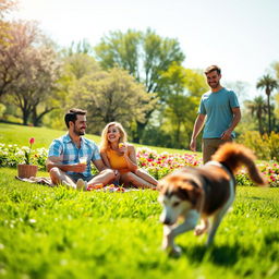 Two happy couples enjoying a sunny day in a vibrant park