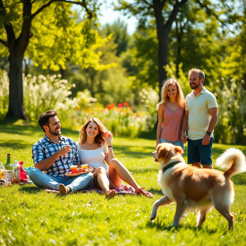 Two happy couples enjoying a sunny day in a vibrant park