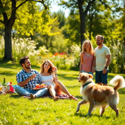 Two happy couples enjoying a sunny day in a vibrant park