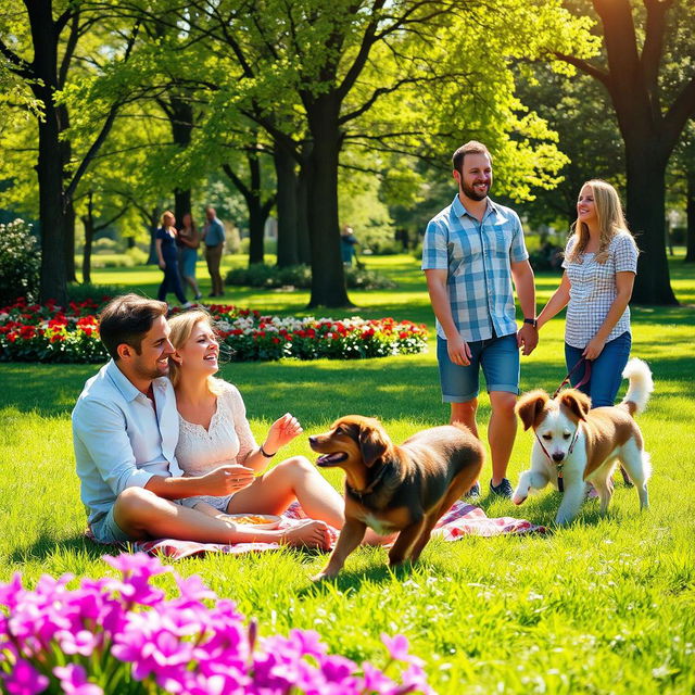 Two happy couples enjoying a sunny day in a vibrant park