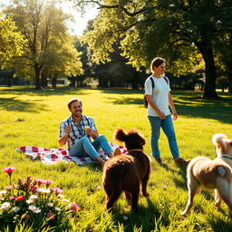Two happy couples enjoying a sunny day in a vibrant park