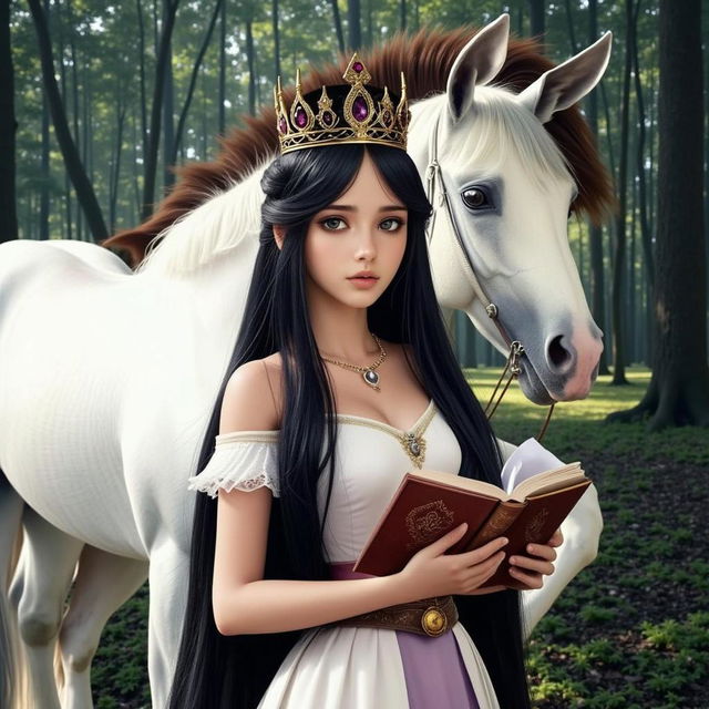 A young princess with long straight black hair and dark eyes, wearing a sparkling crown and an elegant gown, stands in a dark, creepy forest