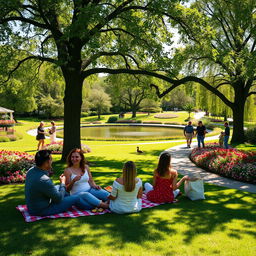 A picturesque park scene featuring several couples enjoying their day