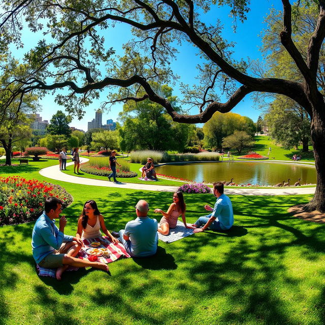 A picturesque park scene featuring several couples enjoying their day