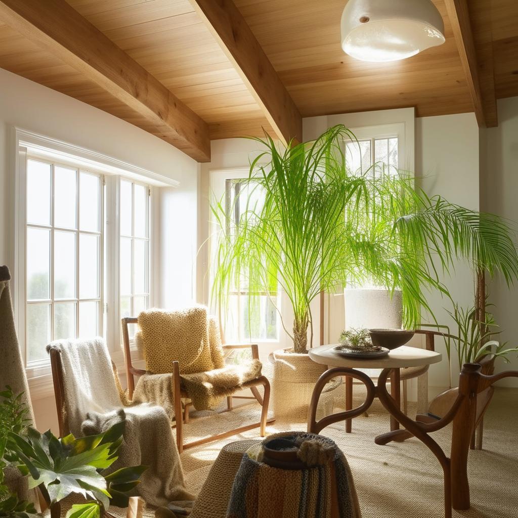 A cozy and beautifully decorated home interior with natural light streaming in, vibrant houseplants for a touch of green, and comfortable, stylish furniture.