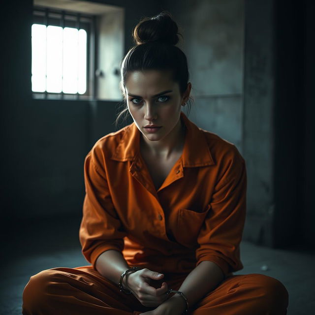 A young Russian brunette woman with her hair styled in a neat bun, dressed in an orange jumpsuit with the collar unbuttoned