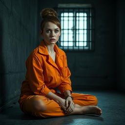 A young Russian brunette woman with her hair styled in a neat bun, dressed in an orange jumpsuit with the collar unbuttoned