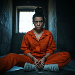 A young Russian brunette woman with her hair styled in a neat bun, dressed in an orange jumpsuit with the collar unbuttoned