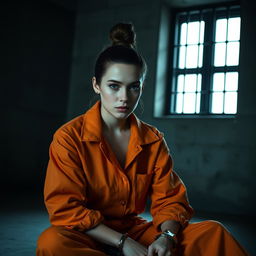 A young Russian brunette woman with her hair styled in a neat bun, dressed in an orange jumpsuit with the collar unbuttoned