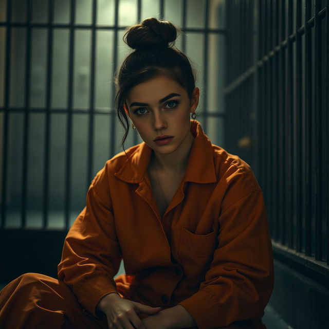 A young Russian brunette woman, her hair styled in a neat bun, is depicted sitting on the floor of a jail cell