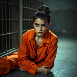 A young Russian brunette woman, her hair styled in a neat bun, is depicted sitting on the floor of a jail cell