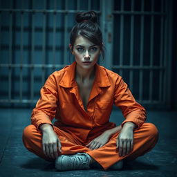 A young Russian brunette woman, her hair styled in a neat bun, is depicted sitting on the floor of a jail cell